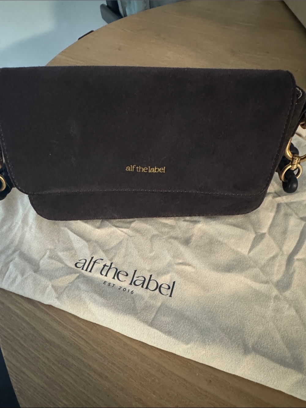 Alf the Label Chocolate Suede Crossbody with built in wallet